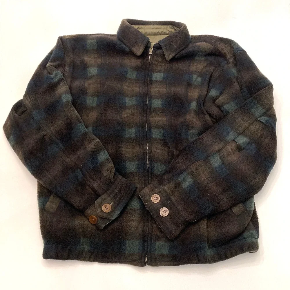 Rainforest Jacket Reversible Twill Fleece Plaid Men's Medium Tan Leather Collar